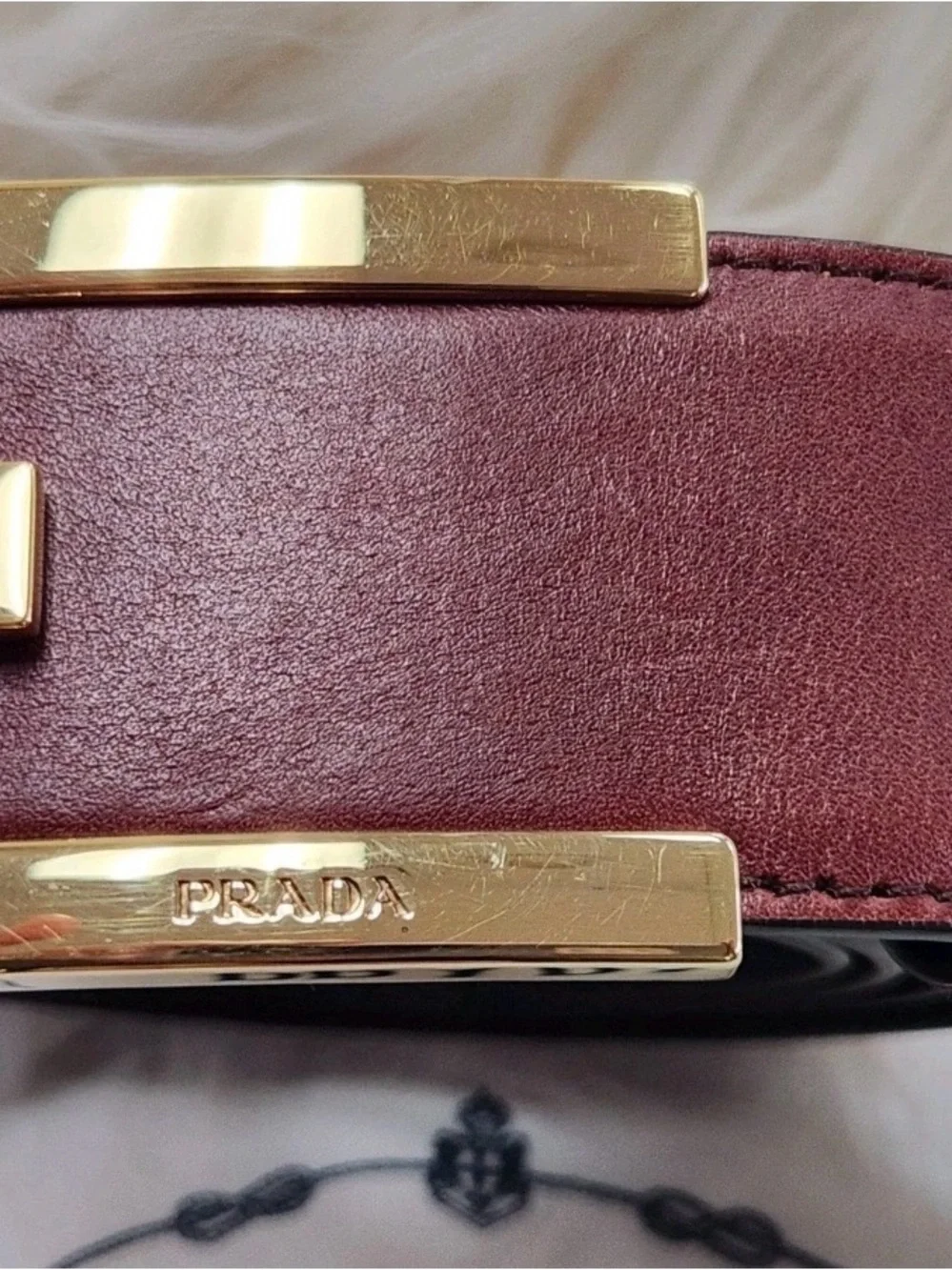 Prada Burgundy Leather Belt with Gold Buckle - Picture 3 of 12